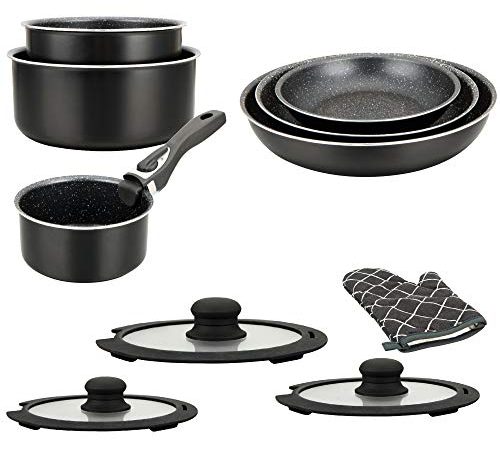 Batterie de cuisine - lot de casserole induction - set casserole et poele tous feux - set de cuisine de 11 éléments avec casseroles et poêles revêtement marbre et poignée amovible, Noir