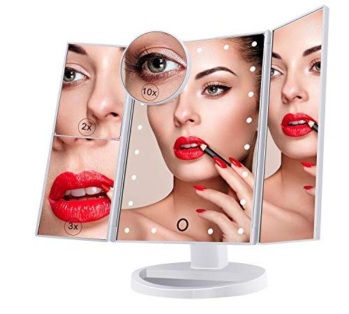 Miroir de Maquillage, Nestling Miroir Grossissant Triptyque avec 21pcs LED, Miroir Lumineux 10X/3X/2X avec Ecran Tactile, Alimentation Double, Rotation Réglable à 180 °