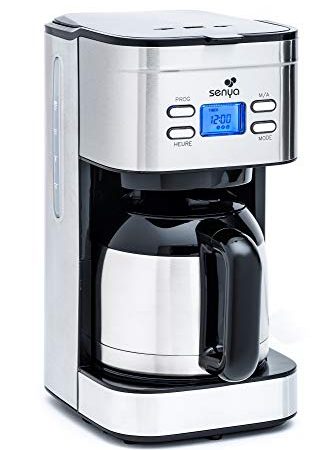 Senya cafetière électrique programmable Inox Hot Coffee, verseuse isotherme en acier inoxydable, fonction sélecteur d’arôme, maintien au chaud, 1,2L, 800W, SYBF-CM025