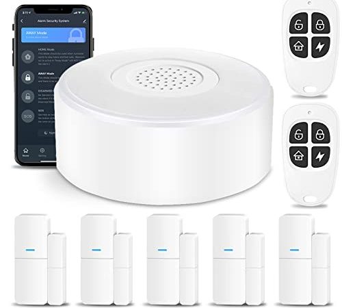 AGSHOME Alarme Maison sans Fil Intelligent WiFi - Alarme de Porte et de Fenêtre, 1 Alarme avec Sirène, 5 Capteurs de Fenêtre et de Porte, 2 Télécommande, Compatible avec Alexa, Google Assistant