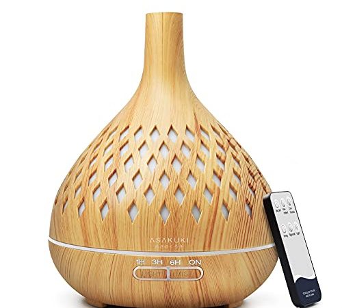 ASAKUKI Diffuseur d'Huiles Essentielles, 400ml Télécommande Humidificateur Ultrasonique Diffuseur Aromathérapie avec 7 Couleurs Lumières LED d'aromathérapie Electrique pour la Maison Yoga Bureau SPA