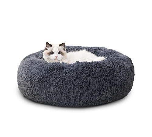 Bedsure Panier Chat Rond Moelleux - Coussin Chat Apaisant en Peluche Doux et Confortable - Lit pour Chat Lavable et Anti Strss, Pouf Chat Gris Foncé en Petite Taille, 50x50x16cm