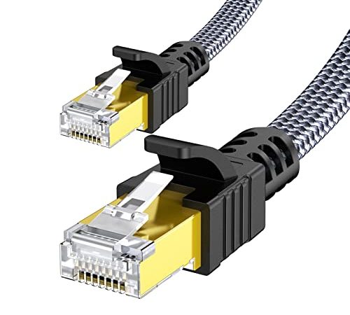 Câble Ethernet 5m, RJ45 Cat 7 Snowkids Câble Réseau 10Gbps 600MHz Haut Débit S/FTP Cable LAN Plat Nylon Câble S/FTP LAN Câble Internet Compatible avec Routeur Modem Switch TV Box PC PS4 Jeux PS5