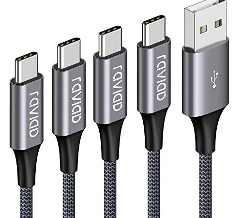 Câble USB Type C, RAVIAD [Lot de 4, 0.5m+1m+2m+3m] USB Cable Type C en Nylon Tressé Chargeur USB C Connecteur pour Samsung Galaxy S10/ S9/Note 10 9,Huawei P30/ P20/ Mate20, Sony Xperia XZ Gris