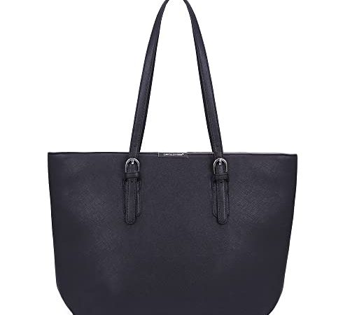 David Jones - Sac à Main Shopping Femme Grand Format - Sac Cours Lycée Fille - Cabas Fourre-Tout Porté Epaule Cuir PU Anse Longue - Shopper Grande Capacité A4 - Sac Etudiante Travail - Noir