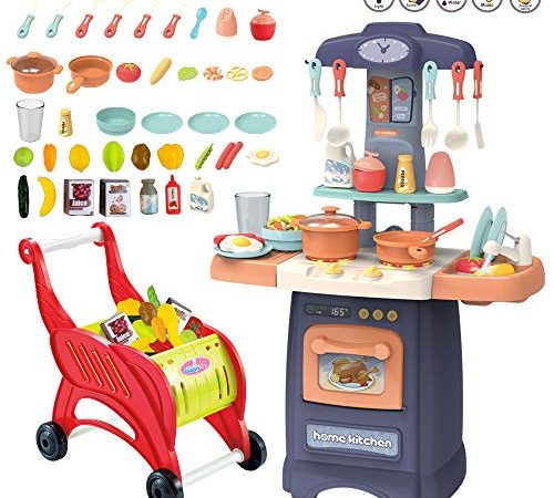 deAO Cuisine Miniature 40 Accessoires de Cuisine pour Petit Chef avec cuisinière, des Fonctions à Eau, des Fonctions sonores et Plein d’Accessoires de Cuisine et Alimentaires (blu)