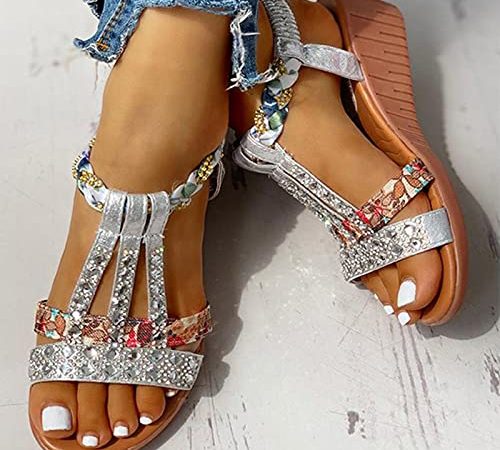 DZQQ Sandales pour Femmes été bohême Plate-Forme compensées Chaussures Cristal Gladiateur Rome Femme Chaussures de Plage décontracté Bande élastique Femme