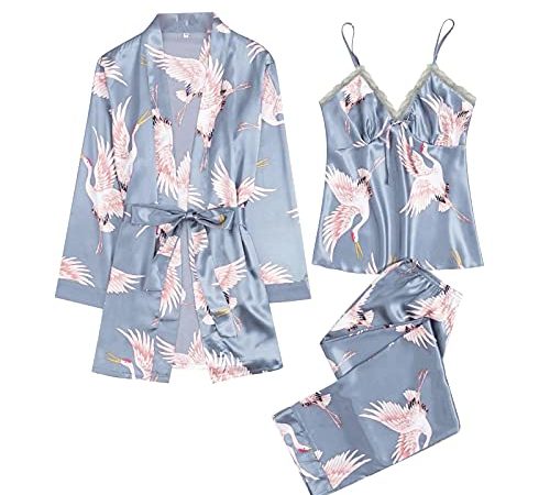 Ensembles De Pyjama 3 PièCes,Kimono Peignoir Satin Femme Court Pyjama Mariage Nuit Robe de Chambre Sortie de Bain Nuisette Déshabillé Imprimé Vêtements de Nuit