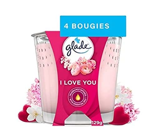 Glade Bougie Parfum Infusé Huiles Essentielles I Love You 30 Heures de Parfum 129 g, Lot de 4