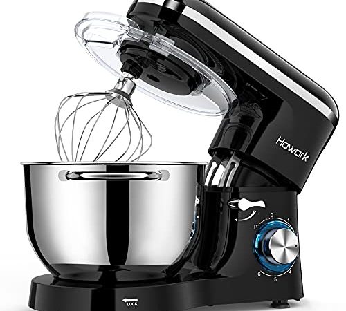 HOWORK Robot Pâtissier 1500W, 6 Vitesses Robot pétrin multifonction avec Bol 6.2L, Batteur, Fouet, Crochet, Robot de cuisine (6.2 L, noir)