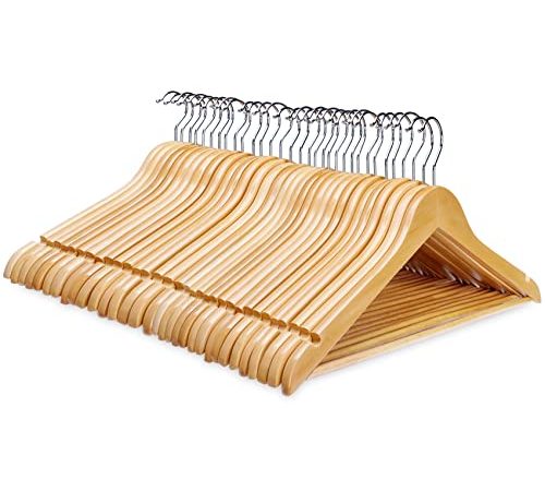 ilauke Cintres en Bois 32pcs Bois Massif avec Encoches,Barre Antiglisse,Crochet Couleur érable Pivotant à 360°pour Pantalons, et Encoches pour Jupe-44.5cm