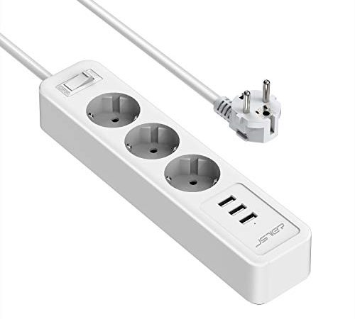 JSVER Multiprise Parasurtenseurs USB, Bloc Multiprise 3 Prises avec 3 Ports USB Chargeur (5V 2,4A/12W) Prise Multi Parafoudre et Surtension avec Interrupteur Cable 2m pour Maison, Bureau-Blanc