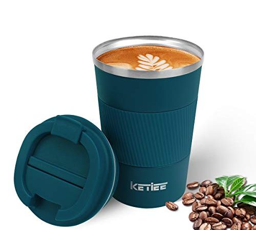 KETIEE Tasse à Café - 380ml Mug Isotherme Cafe, Tasse de Café Isolée avec Couvercle, Tasse de Voyage en Acier Inoxydable Tasse de Voiture à Double paroi Tasse Thermique Réutilisable, Bleu