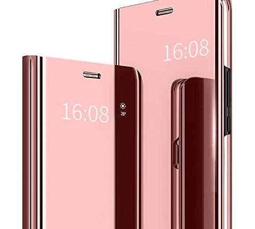 MadBee Coque OnePlus 7 [Film de Protection écran], Smart Mirror Cover en Cuir Flip téléphone Mobile Étui Housse de Protection pour OnePlus 7 (Rose)