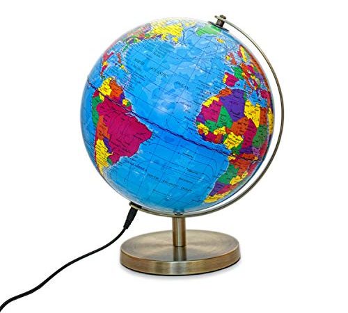 Magellan Albion Globe Lumineux avec Carte Politique et éclairage LED économique, diamètre 25 cm, Globe avec Base et méridien en métal Couleur Laiton, câble et Bloc d'alimentation USB Inclus 25 cm