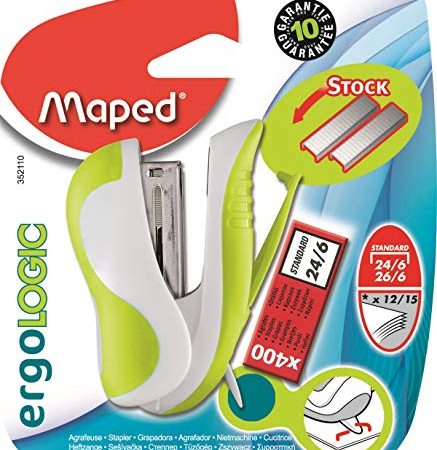 Maped Ergologic Mini Agrafeuse pour agrafes 24/6 ou 26/6, réserve d'agrafes et ôte-agrafes intégrés, livré avec une boite de 400 agrafes - Coloris Vert