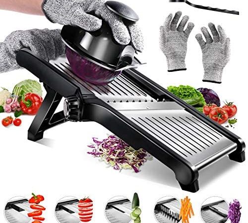 Masthome Mandoline Inox Professionnelle, Mandoline de Cuisine Multifonction à Epaisseur de Tranche Réglable, avec Protège Main et Gants de Sécurité