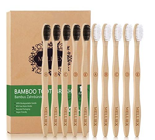 MELLIEX Lot de 10 Brosses à Dents en Bambou, à Poils Doux Moyens Biodégradable Écologique Végétalien Naturel Bois Brosses à Dents