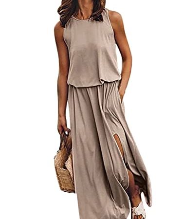 Minetom Femme Robe Longue Été Chic Col Rond sans Manche Couleur Unie Robe de Plage Vacances A Kaki L