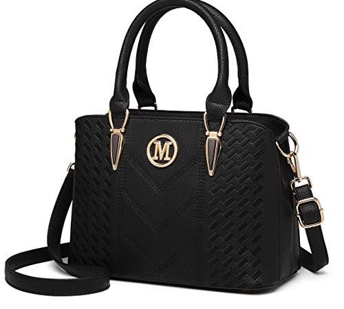 Miss Lulu Sac à Main pour Femme Bandoulière en Simili Cuir Galet avec logo M (Noir)