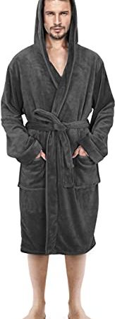 NY Threads Robe de chambre de luxe pour hommes | Robe de bain en polaire super douce pour hommes | Vêtements d’intérieur et de nuit en peluche à capuche - L - Gris