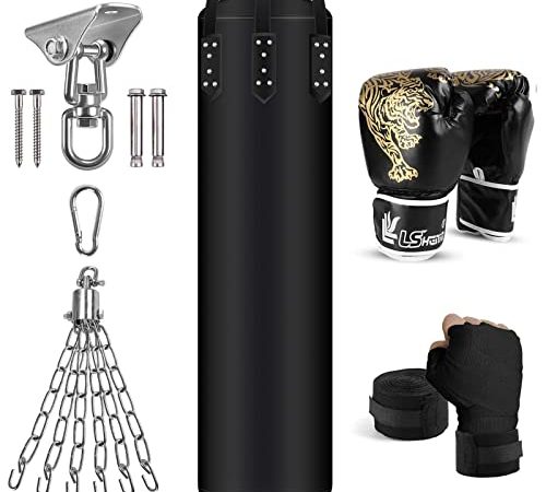 Odoland Sac de Frappe, Sac de Boxe Professionnel 120cm avec Gants, Sac de Frappes Non Remplir, pour Adulte et Enfant, Formation de MMA Muay Thai Kickboxing, avec Chaine Suspension Boxe Punching Bag