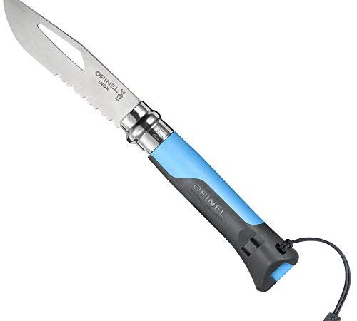 OPINEL - N°08 Outdoor Bleu - Couteau Pliant de Poche - Couteau de Poche en Acier Inoxydable - Lame Inox 8,5 cm avec Démanilleur - Manche en Polymère Waterproof Sifflet Inclus - Anthracite et Bleu