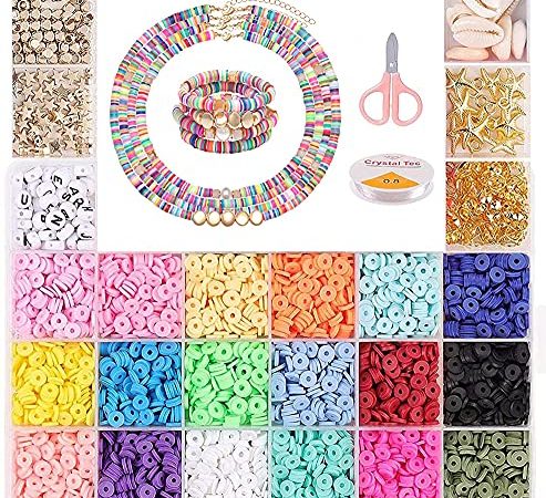 Perles pour Bijoux Fabrication Perles en Argile pour DIY Bracelet Coloré,Perles Espacees 4200+pièces Perles colorées,Perles plates pour bijoux Collier Boucles d'oreilles Bracelets enfants et adultes