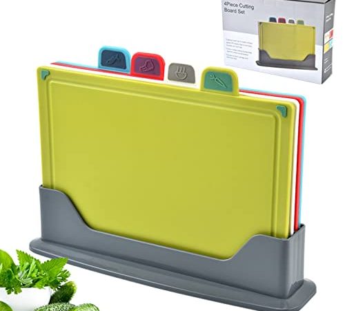 Pomeloone 4 Pièces Planche à Découper, Set Plastique Planche a Decouper sans BPA avec Supporter, pour Pain, Viande, Poisson, Légumes, Fruits - 30 x 22cm