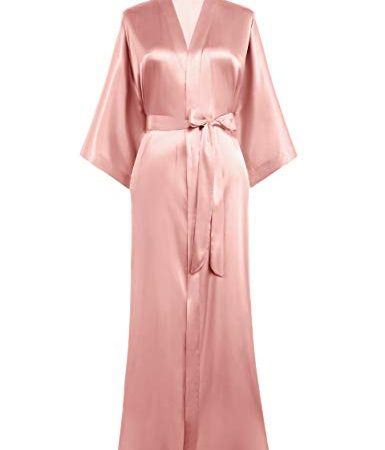 PRODESIGN Kimono Robe de Chambre Longue en Satin pour femme Peignoir Femme Satin Couleur Unie - Taille Unique (Rose clair)