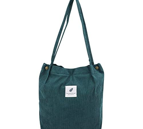 Sac Velours côtelé, Sac Cabas Grande Capacité，Sac à Bandoulière en Velours Côtelé,Femme Tote Bag,ltra Léger et Réutilisable pour les voyages, les achats, l'école de travail (vert foncé)