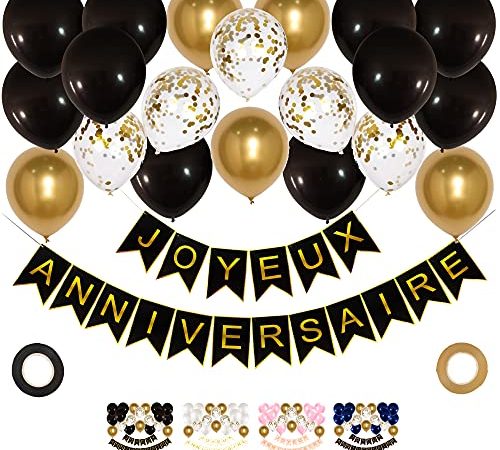 Set décoration joyeux anniversaire doré chic glamour avec ballons confettis noir or, Bannière lettres kit banderole gold deco fête happy birthday pour adulte homme femme enfant garçon fille mariage