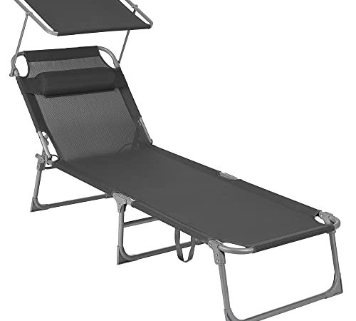 SONGMICS Chaise longue, Bain de soleil, Transat de relaxation, avec appui-tête, dossier et parasol inclinables, léger, pliable, 53 x 193 x 29,5 cm, charge 150 kg, pour jardin, Gris foncé GCB19UV1