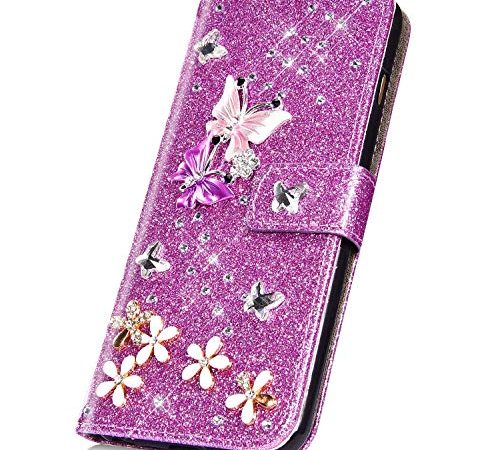 Surakey Coque Galaxy S10e étui à Rabat en Cuir, Brillant Paillette Glitter Etui Housse Cuir PU Portefeuille Folio Flip Case Cover Wallet Coque de Protection pour Samsung Galaxy S10e, Violet