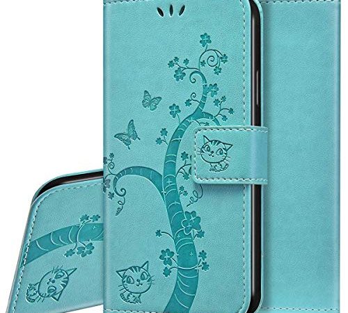 Surakey Etui Coque Galaxy A50/A30S,Protection Housse Etui à Rabat en Cuir PU Portefeuille Livre avec Fonction Stand,Mignon Arbre Chat Flip Case Cover Fermeture Magnétique [Pochettes], Vert