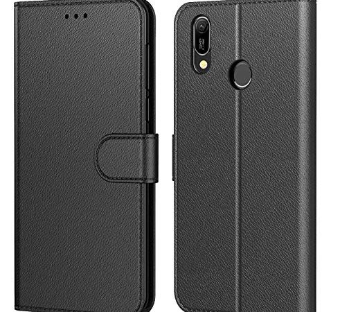 Tenphone Etui Coque Huawei Y6 2019, Coque pour Huawei Y6s, Protection Housse en Cuir PU,[Emplacements Cartes],[Fonction Support],[Languette Magnétique] pour (Huawei Y6 2019 (6,09"), Noir)