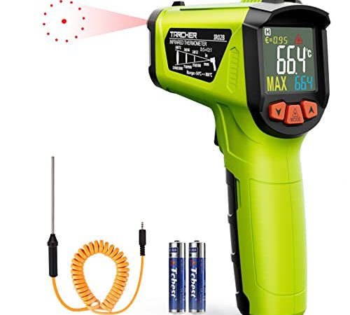 Thermomètre Infrarouge TARCHER, -50℃~800℃(-58°F~1472°F) LCD Pistolet de Température IR Laser Numérique sans Contact, Sonde Incluse Emissivité Réglable pour Cuisine/BBQ/Industrie (PAS pour l'homme)