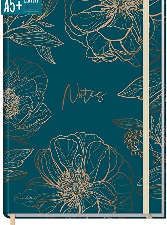 Trendstuff by Häfft Carnet de notes ligné avec élastique Motif fleurs dorées 156 pages, 78 feuilles | comme journal intime, carnet de notes | Durable et neutre pour le climat