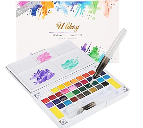 Ulikey Set de Peinture Aquarelle - Boîte d’Aquarelle avec 36 Couleurs + 2 Stylo d'aquarelle + 1 Palette + 2 Eponge de Nettoyage + 5 Papier pour Les Amateurs et Les Artistes Professionnels (36)