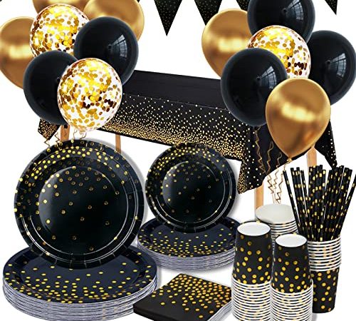 Vaisselle Jetable Anniversaire, 25 Invités Vaisselle De Fête Jetable Gobelets avec Ballons de fête, et Assiettes Carton Fête de Mariage, Anniversaire, Halloween, nappe, bunting, 140 pièces (Noir)