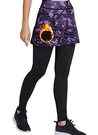 Westkun Jupes de Tennis en Molleton Thermique pour Femmes avec Jambières Course à Pied Jupe de Coupe Fendue Toute la Longueur Legging Pantalons 2 en 1de Jogging(Camouflage Violet,M)