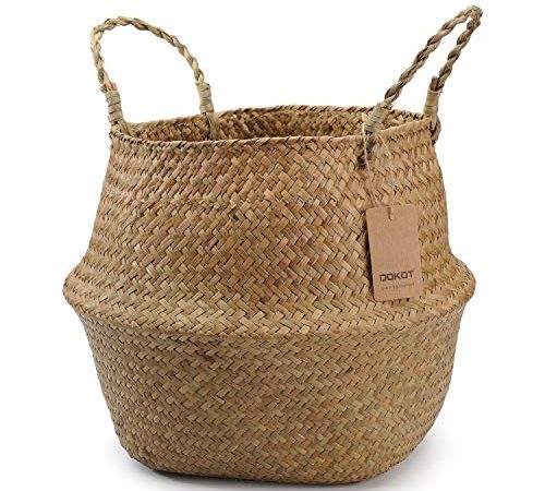 DOKOT Panier de Ventre Jonc de Mer Rangement Naturel Panier Osier Corbeille à Linge Grand Stockage Panier de Plantes D'intérieur 22 x 20 cm