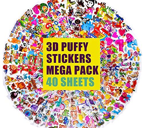 IKWOLETI Autocollants Enfants Plus de 1200, 40 Feuilles Autocollants Gommettes Stickers 3D pour Enfants pour Récompenser Scrapbooking, y Compris Animaux, Dinosaures, Numéros, Fruits, Voitures, etc