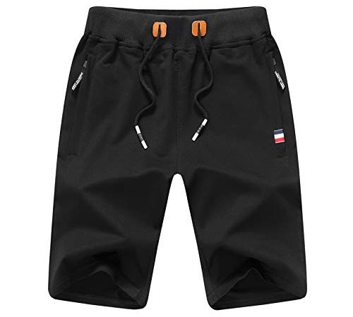 JustSun Short Sport Homme Running Coton Short de Sport Hommes avec Poches Zippées et Taille élastique Noir X-Large