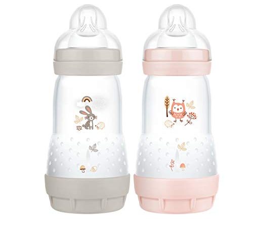 MAM Easy Start Lot de 2 biberons Anti-coliques pour bébé (260 ML), biberons pour Combinaison avec l'allaitement, biberon pour bébé avec Valve de Fond Contre Les coliques, 0+ Mois, Lapin, Chouette