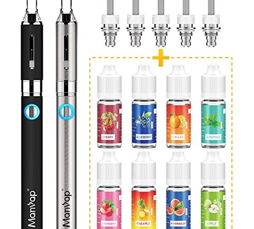 Manvap® Cigarette Electronique Kit Complet, Kit de démarrage pour stylo vape pour, E Cigarettes Vaping avec 8 x 10 ml d'e liquide, sans nicotine