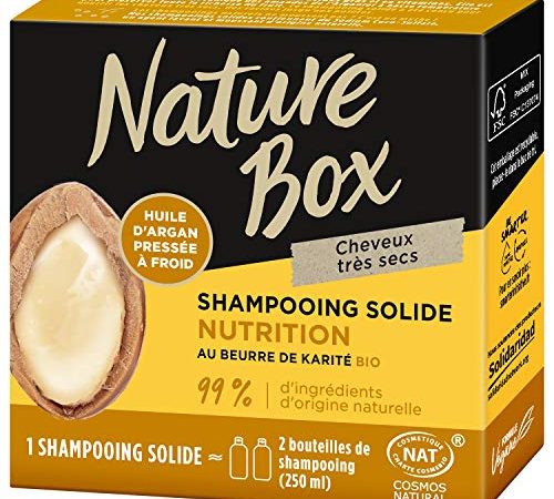 Nature Box - Shampoing Solide Nutrition - A l'Huile d'Argan Pressée à Froid - Au Beurre de Karité BIO - Cheveux Très Secs - 99% d'Ingrédients d'Origine Naturelle - Savon de 85g