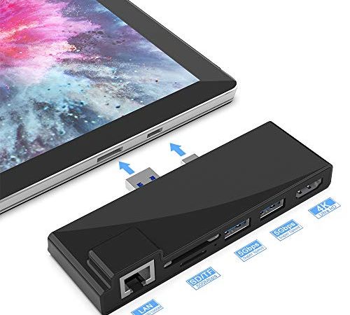 Station d'accueil Portable pour Hub USB Surface Pro 4/5/6 avec Port Ethernet 1000M, HDMI 4K, 2 Ports USB 3.0, Lecteur de Carte SD/Micro SD, Adaptateur LAN pour Surface Pro 2016/2017/2018