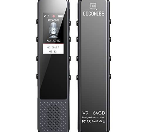 64Go Dictaphone, COCONISE 3072kbps Qualité Sonore HD Enregistreur Vocal Numérique, Enregistreur Audio avec Fonction de lecture MP3, Fonction d'enregistrement à une touche Adapté aux Conférence/Réunion