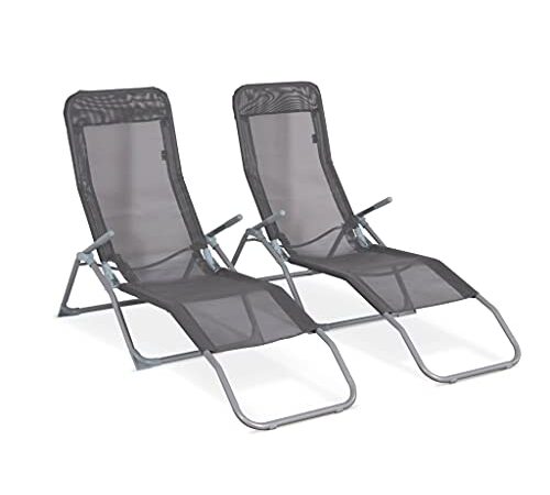 Alice's Garden - Lot de 2 Bains de Soleil pliants - Levito Gris Anthracite - Transats textilène 2 Positions. chaises Longues